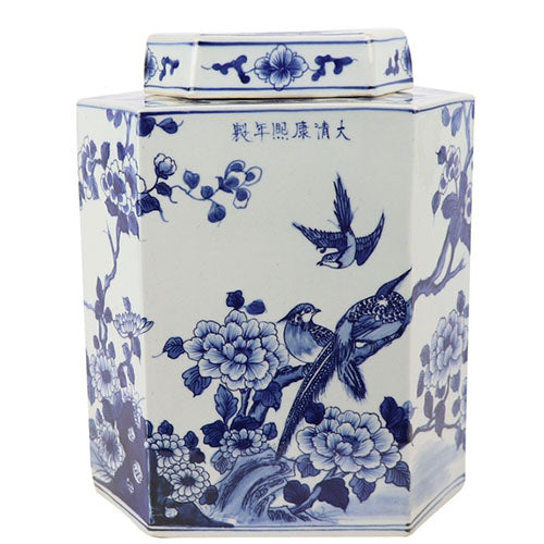 Blue And White Flat Hex Bird Floral Jar